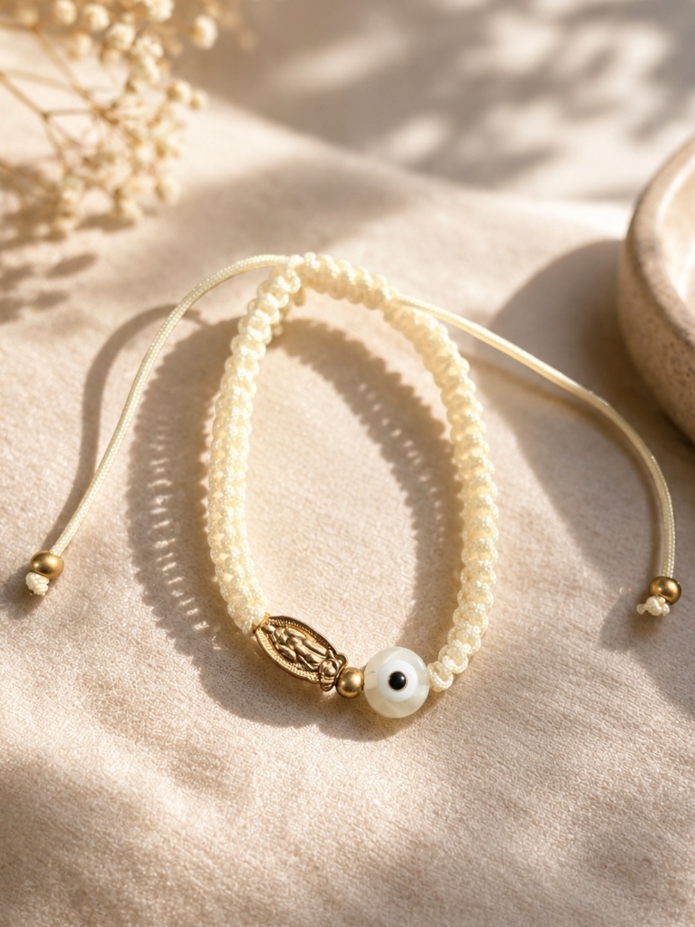 Ivory Virgin Mary & Evil Eye Adjustable Bracelet